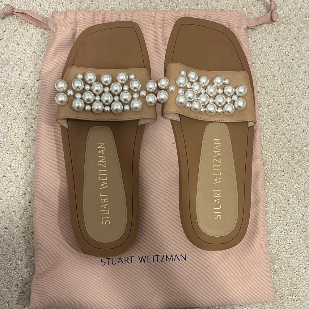 Stuart Weitzman Tan Pearl-Embellished Slide Sandals